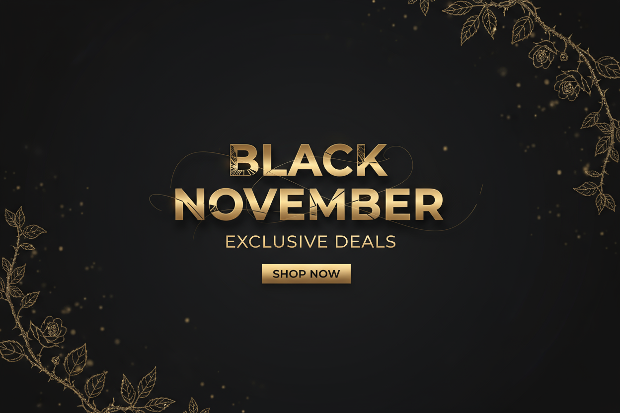 Gere um banner de Black November com o fundo na cor #0A0A0A, e a cor do texto em #C8A96A