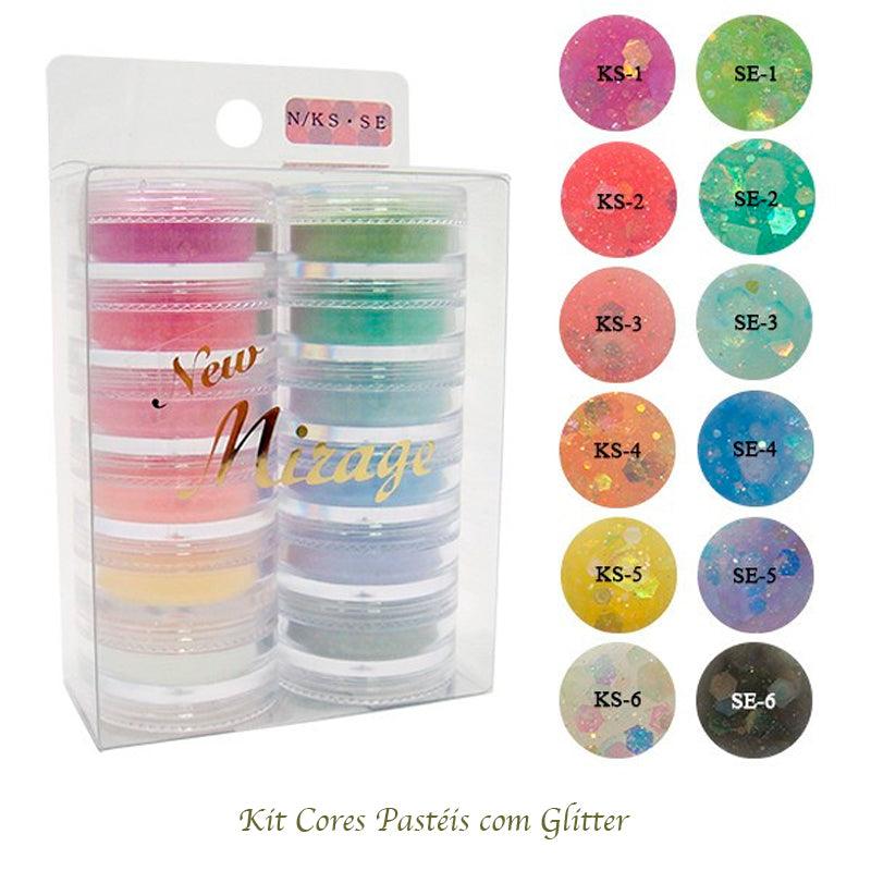 Kit Mix de Pó Acrílico com 12 Cores Pastéis C/Glitter 3.5G N/KS SE