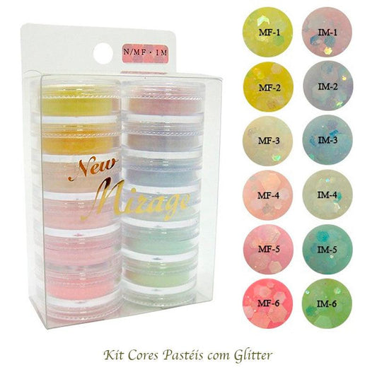 Kit Mix de Pó Acrílico com 12 Cores Pastéis C/Glitter 3.5G N/MF IM