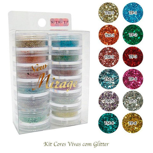 Kit Mix de Pó Acrílico com 12 Cores Vivas C/Glitter 3.5G N/TM TP