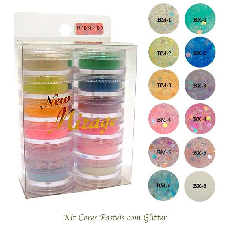 Kit Mix de Pó Acrílico com 12 Cores Pastéis C/Glitter 3.5G N/BM BX