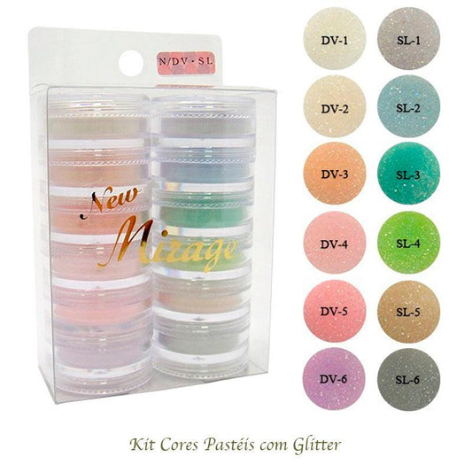 Kit Mix de Pó Acrílico com 12 Cores Pastéis C/Glitter 3.5G N/DV SL