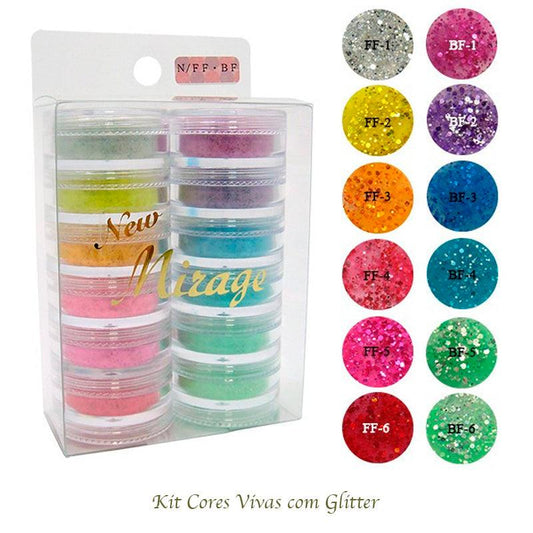 Kit Mix de Pó Acrílico com 12 Cores Vivas C/Glitter 3.5G N/FF BF