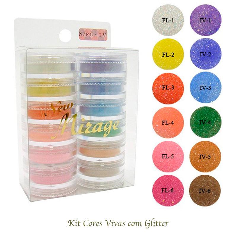 Kit Mix de Pó Acrílico com 12 Cores Vivas C/Glitter 3.5G N/FL IV