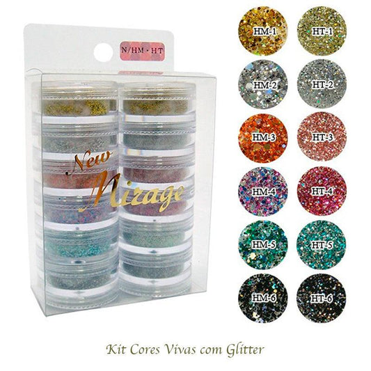 Kit Mix de Pó Acrílico com 12 Cores Vivas C/Glitter 3.5G N/HM HT