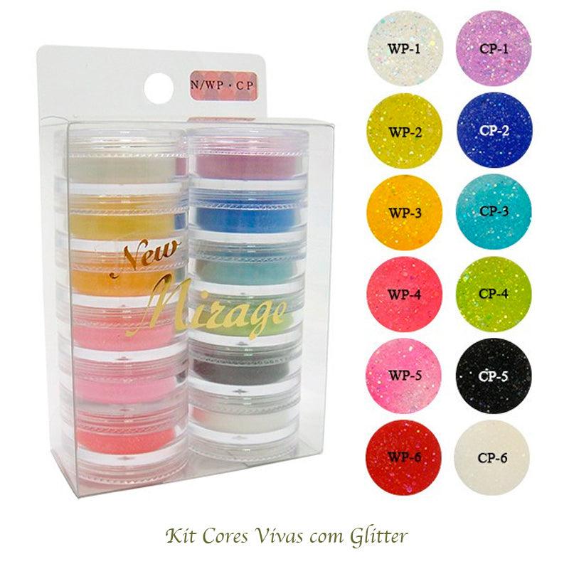 Kit Mix de Pó Acrílico com 12 Cores Vivas C/Glitter 3.5G N/WP CP