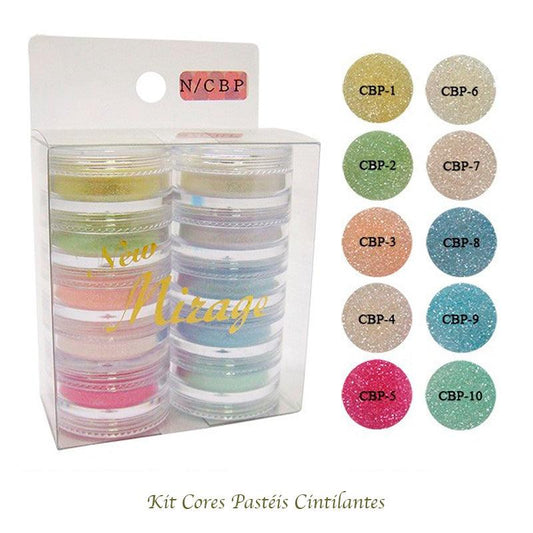 Kit Mix de Pó Acrílico com 10 Cores Pastéis Cintilantes 3.5G N/CBP